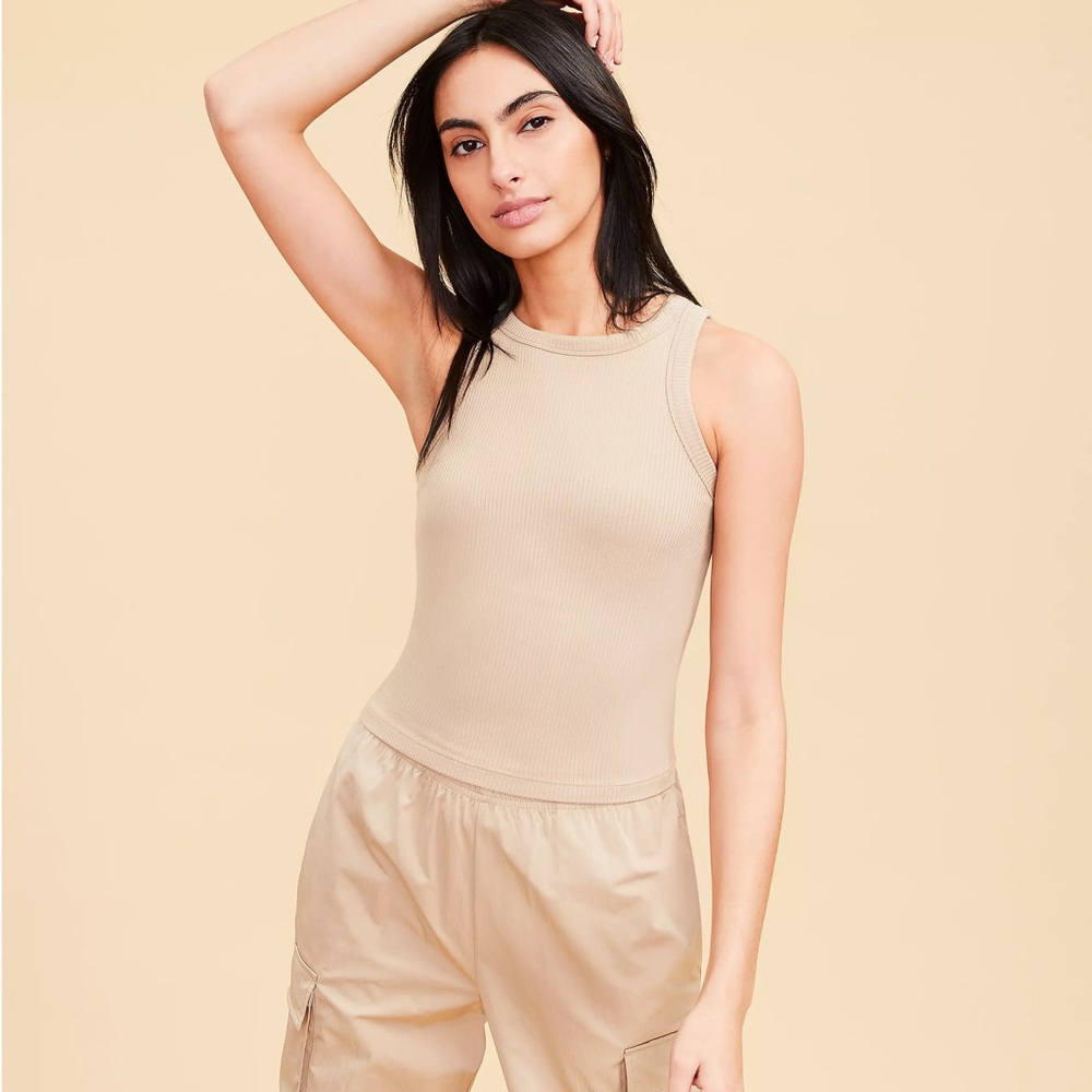 Lou & Grey Active Ribbed  Tank Top Shelf Bra Tan Small